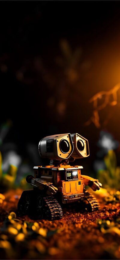 WALL-E in a beautifully lit setting with warm, earthy tones | 4K Wallpaper, for Mobile | Orange, Brown, Yellow, Black