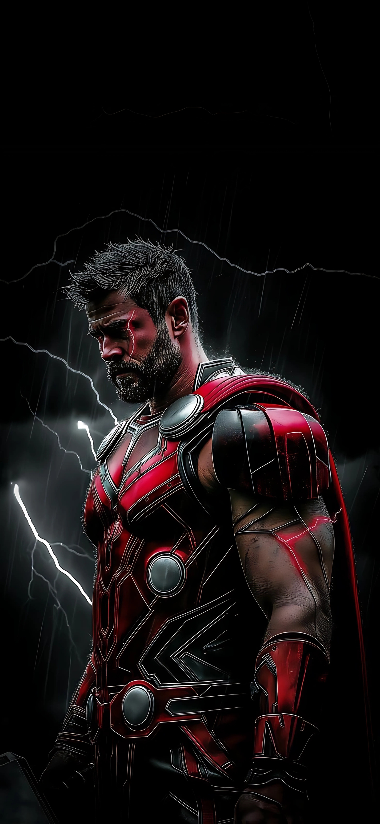 Thor in iconic armor with lightning, dark background | Black, Red, White | 4K Wallpaper for Mobile | Marvel, Superhero Themes