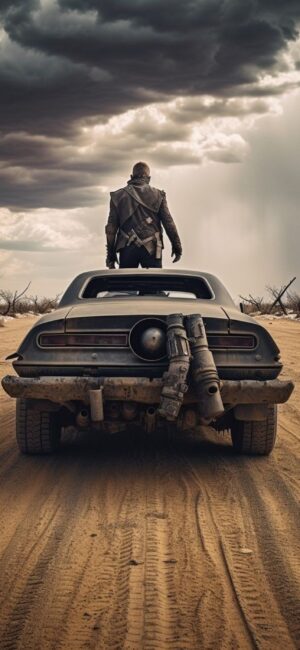 Post-apocalyptic scene with a lone figure on a rugged car under dramatic clouds in a desert setting | 4K Wallpaper for Mobile