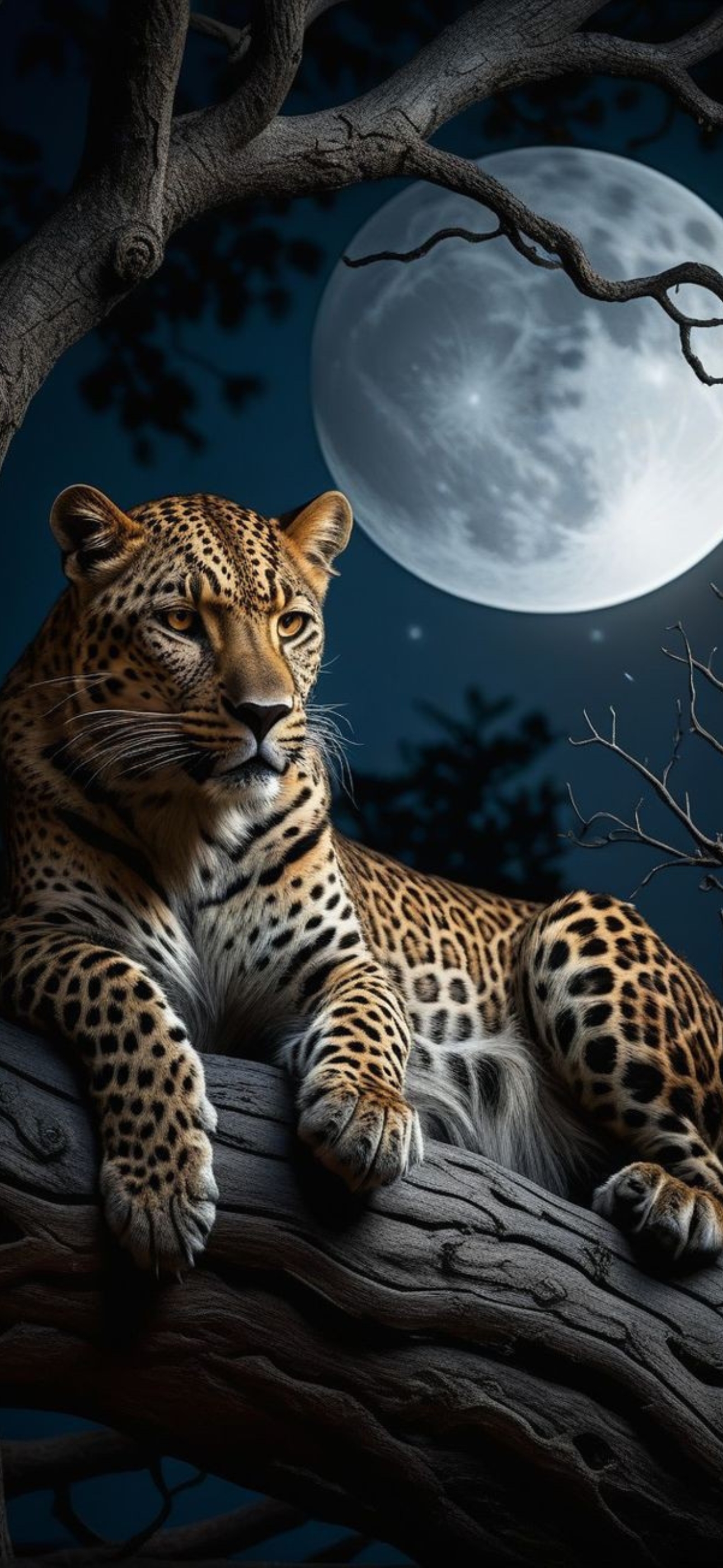 Leopard lounging on a moonlit tree branch with detailed fur patterns under a serene full moon sky. | 4K Wallpaper for Mobile