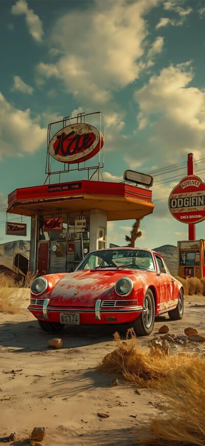 Red sports car at vintage gas station in desert setting, retro charm, clear sky | 4K Wallpaper for Mobile