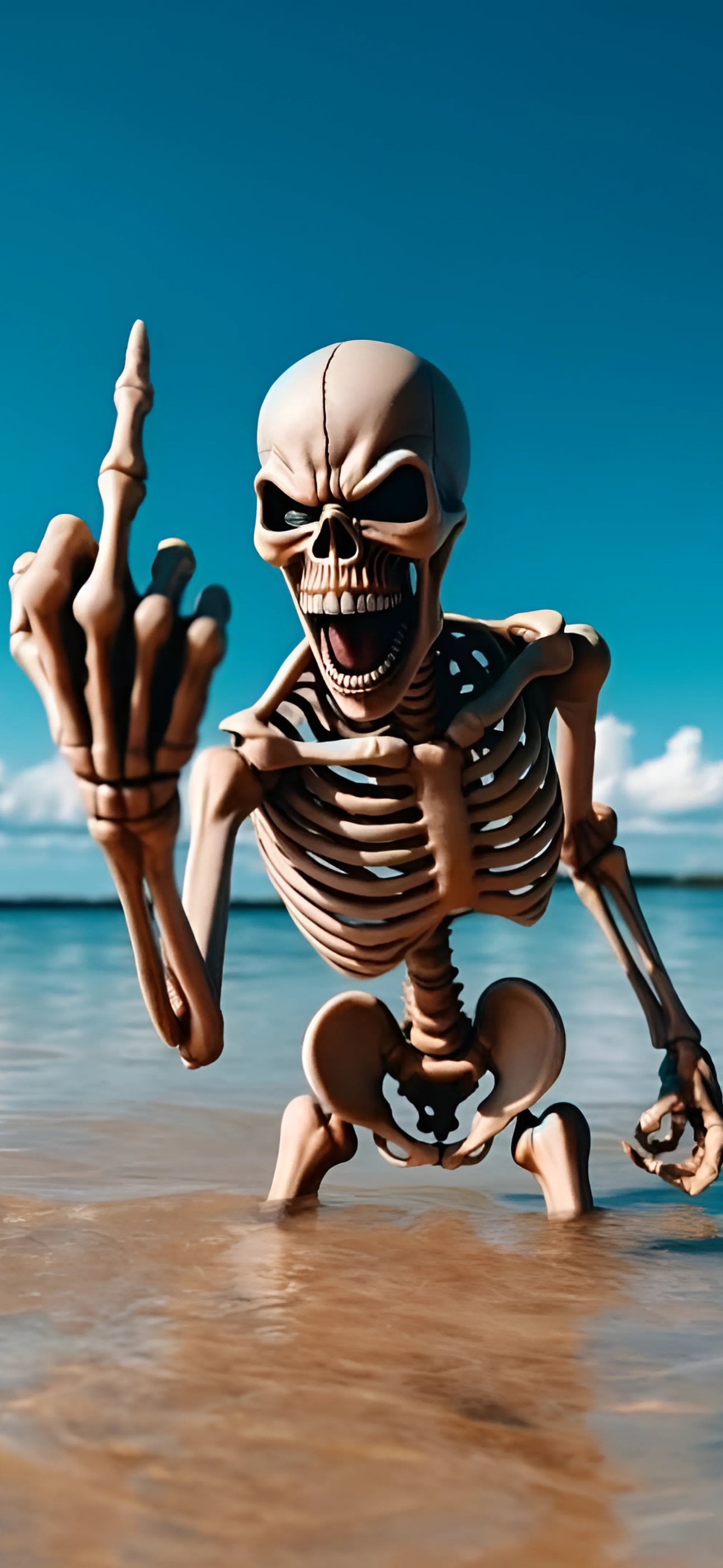 Playful skeleton in shallow beach water humorously giving the middle finger; whimsical and spooky | 4K Wallpaper for Mobile