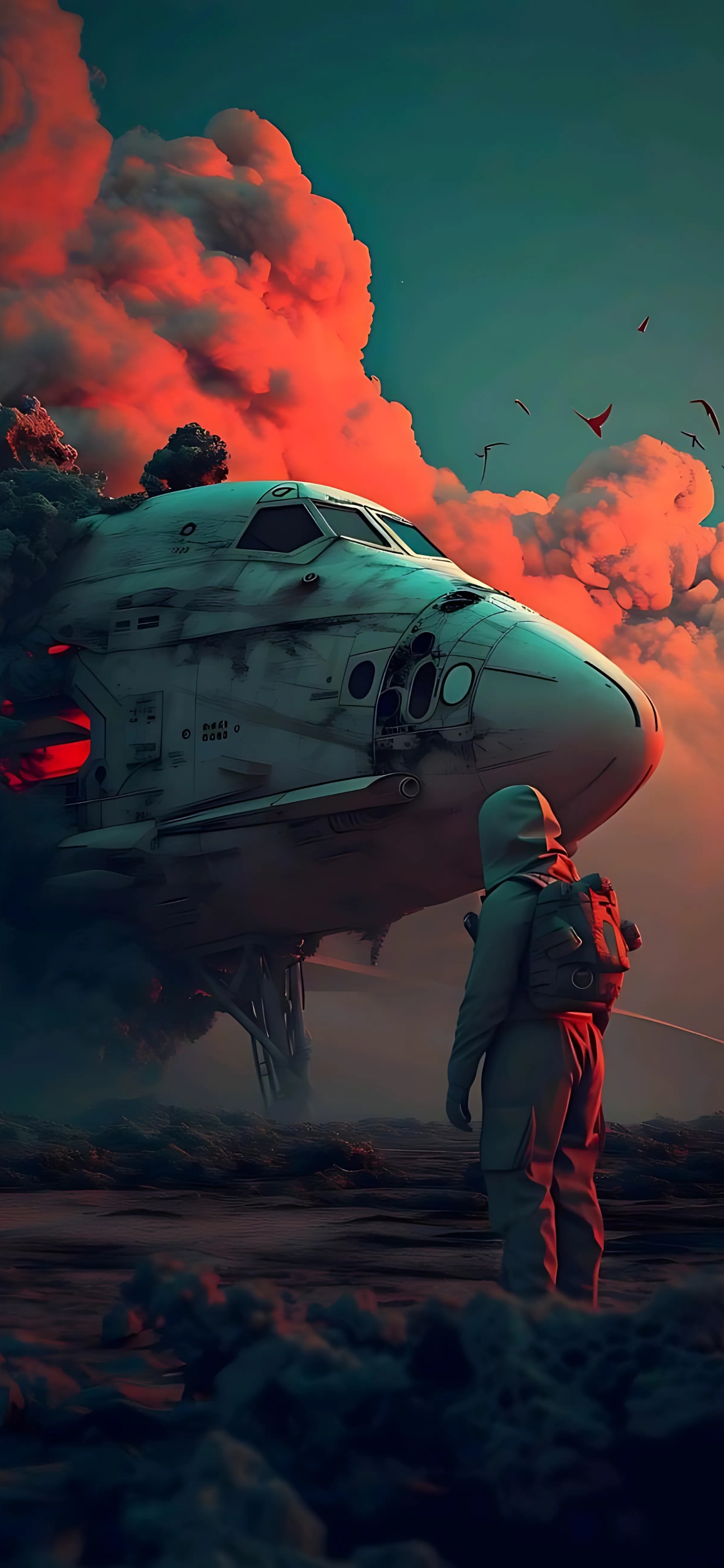 Futuristic spaceship with astronaut-like figure in vivid orange clouds and surreal landscape | 4K Wallpaper for Mobile