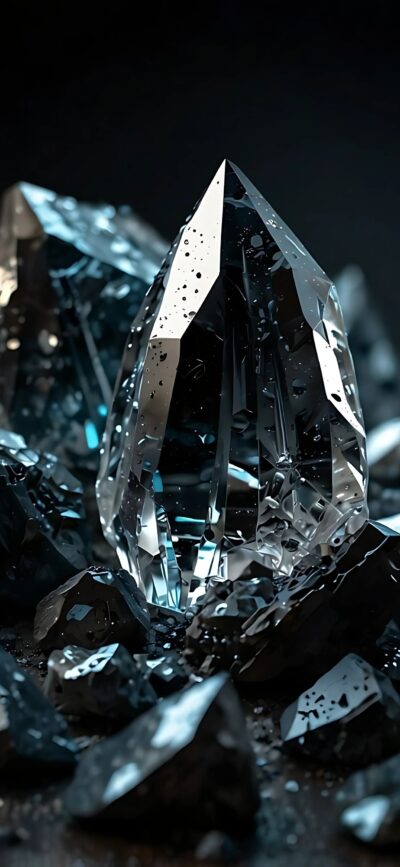 Crystal Formation with Glossy Surface on Dark Background | Black, Silver, Blue Tones | 4K Wallpaper for Mobile