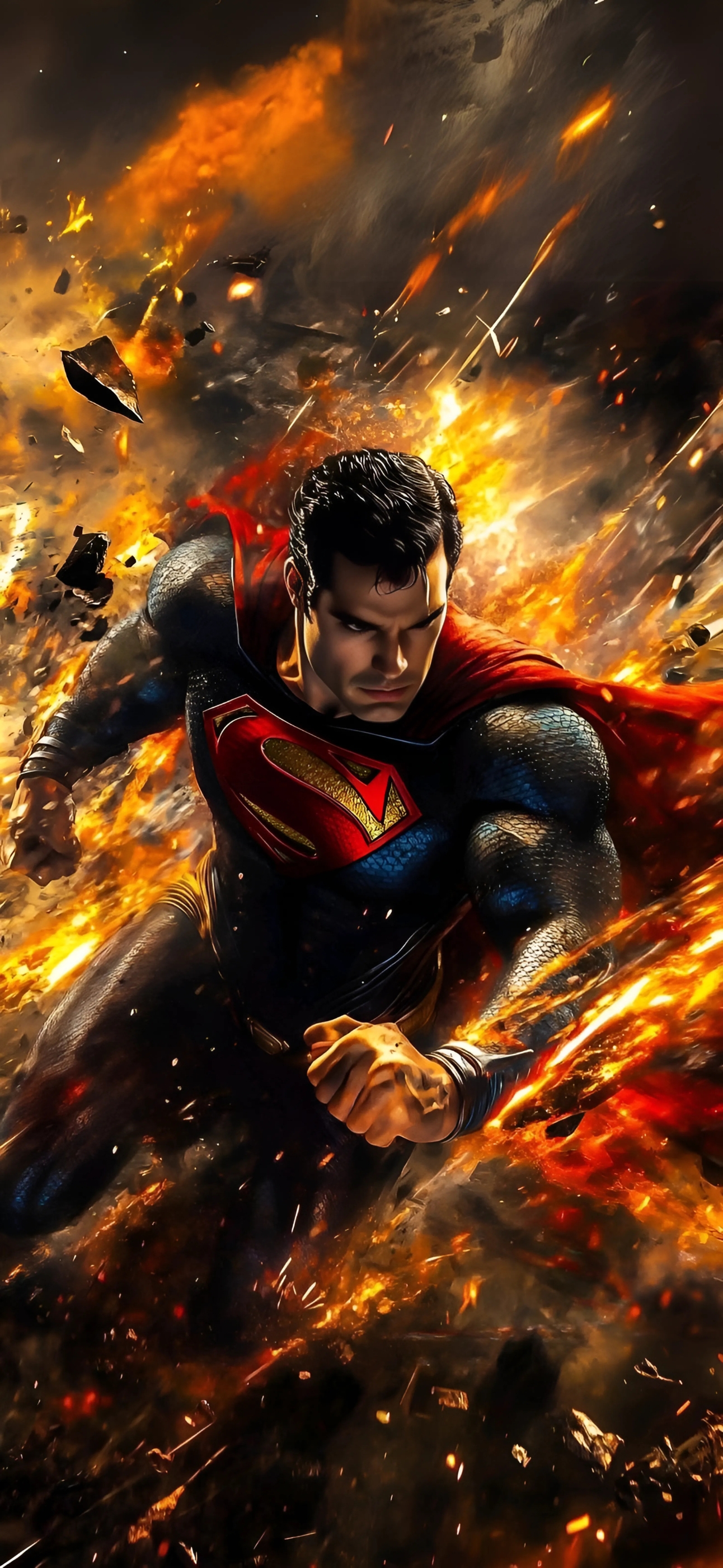 Superman in action with fiery explosions, flying debris, and iconic costume symbolizing heroism | 4K Wallpaper for Mobile