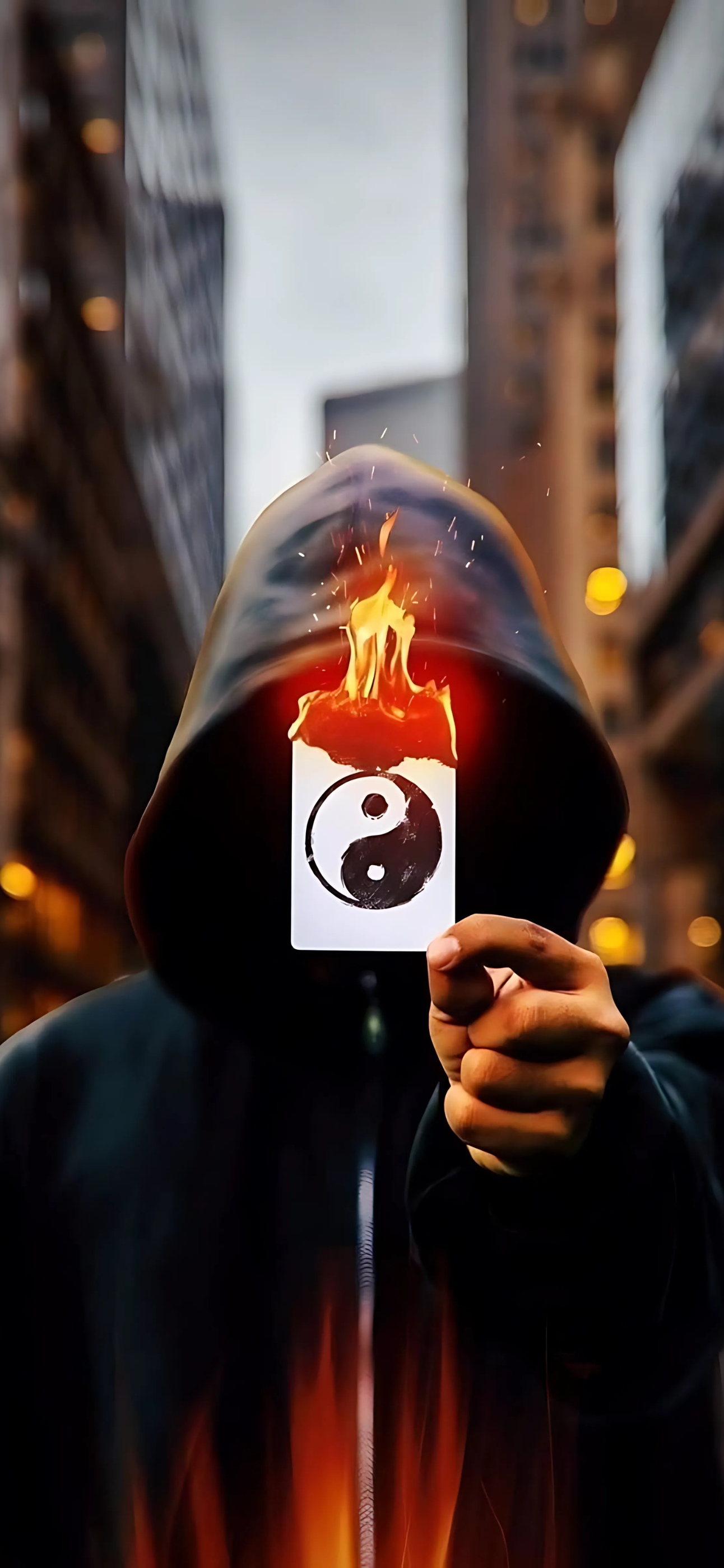 Mysterious figure in cloak with burning Yin-Yang card against city lights. Bold orange, black, white hues. | 4K Wallpaper for Mobile