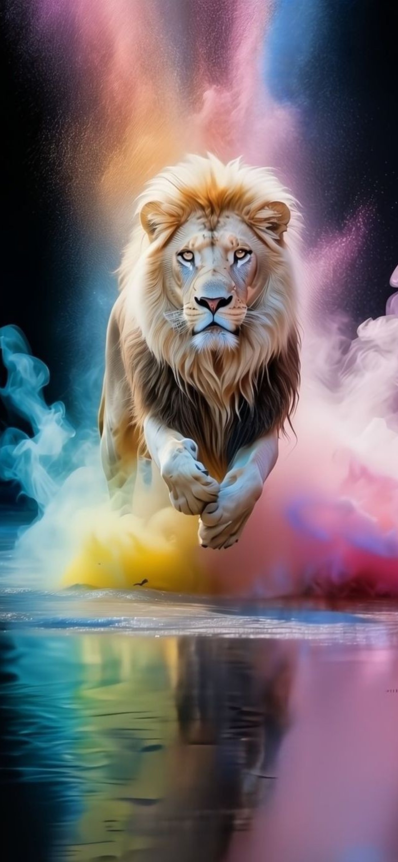 Majestic lion in colorful smoke, with a water reflection. Dynamic, surreal effect. | Blue, Pink, Yellow, Orange | 4K Wallpaper for Mobile