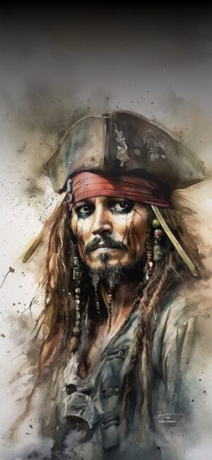 Watercolor pirate illustration with tricorn hat and dreadlocks, classic adventure vibe. Brown, black, gray hues | 4K Wallpaper for Mobile