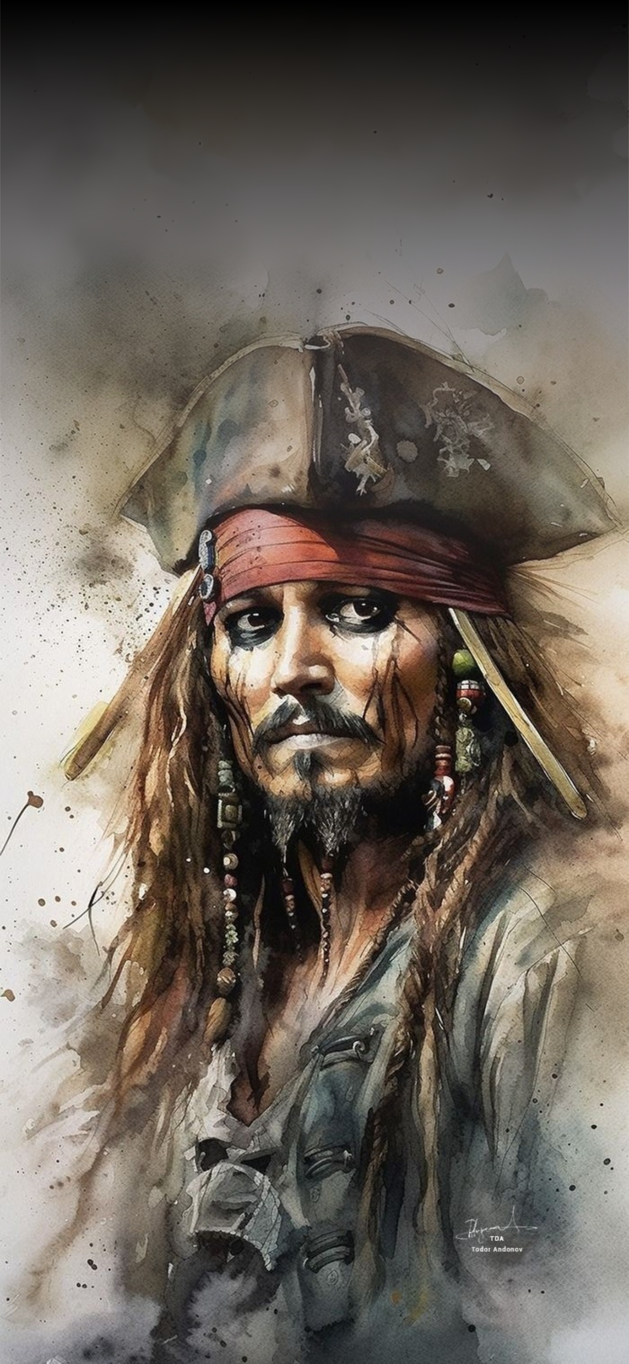 Watercolor pirate illustration with tricorn hat and dreadlocks, classic adventure vibe. Brown, black, gray hues | 4K Wallpaper for Mobile