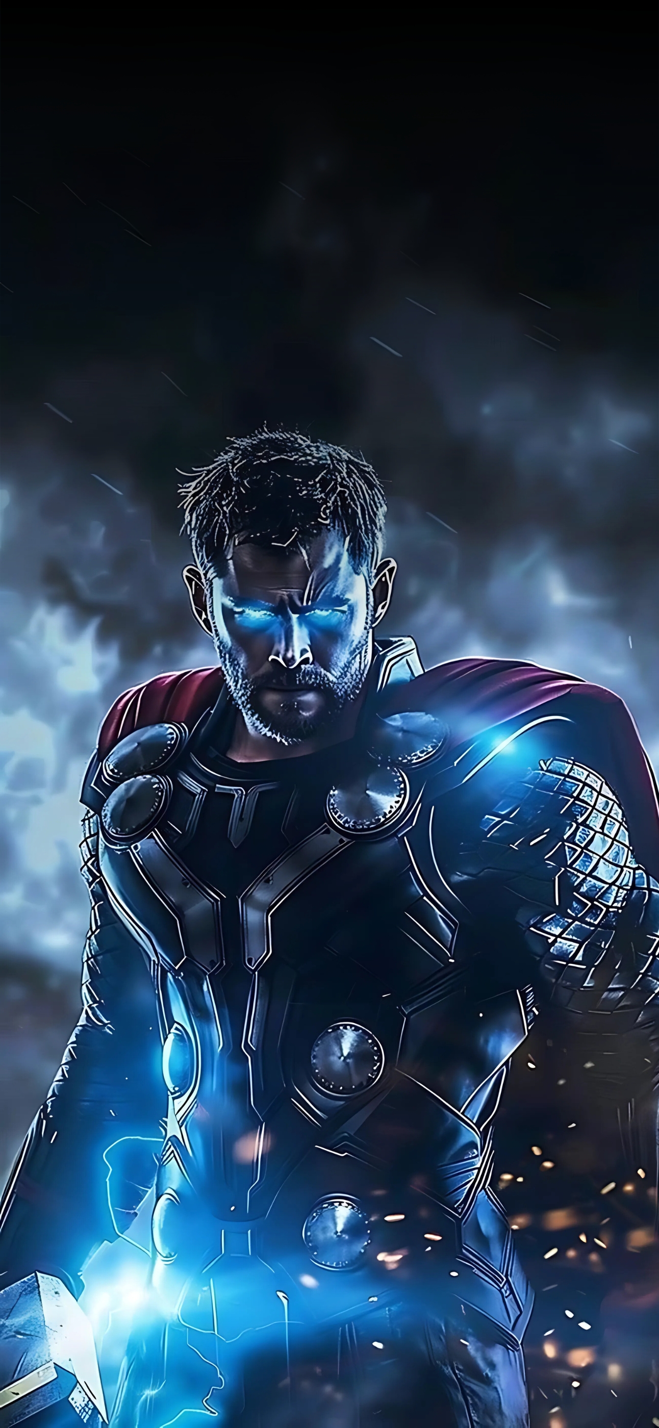 Thor wielding Mjolnir with blue glow, detailed armor, and powerful aura | 4K Wallpaper, for Mobile | Blue, Black, Red Colors