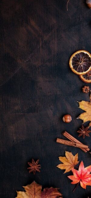 Dark textured wallpaper with autumn leaves, dried oranges, cinnamon sticks, star anise | Brown, Orange | 4K Wallpaper for Mobile