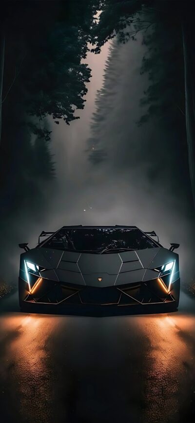 Futuristic car in misty forest with glowing headlights, sharp design, dark backdrop | Black, grey, orange | 4K Wallpaper | for Mobile