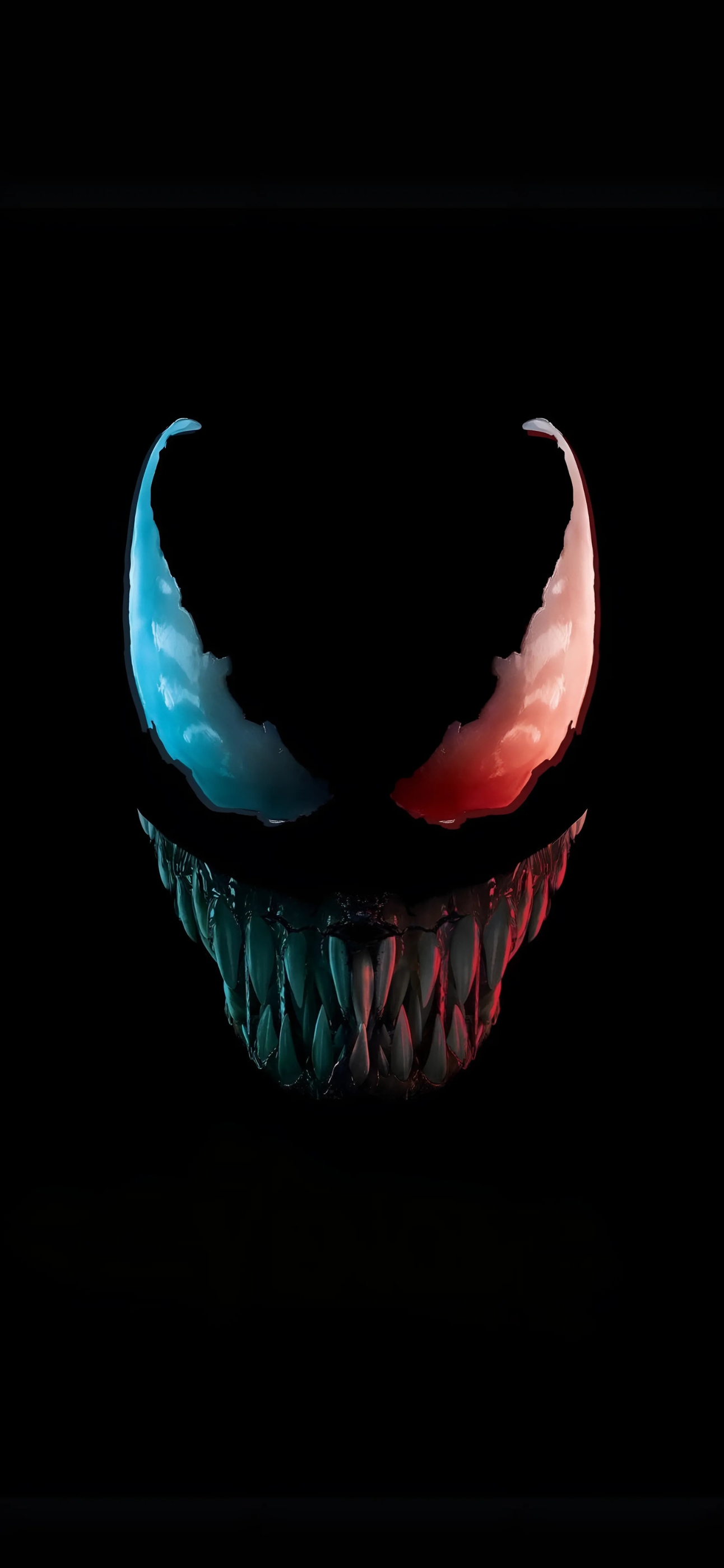 Menacing Venom with blue-red eyes on black background, capturing Marvel's dark essence. | 4K Wallpaper, for Mobile