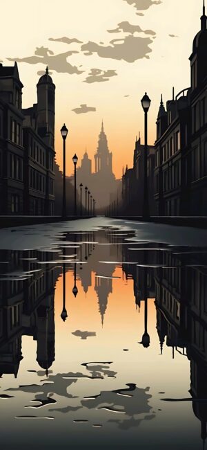 Cityscape at sunset with historic buildings, puddle reflection, silhouetted spire; warm orange & yellow sky | 4K Wallpaper for Mobile