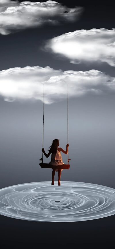 Girl on swing above liquid clouds in surreal fantasy scene | Gray, White, Black | 4K Wallpaper | for Mobile