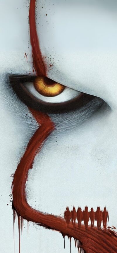 Sinister eye with yellow iris, cracked white surface, red blood-like streaks. Horror-inspired, clown theme. | 4K Wallpaper for Mobile