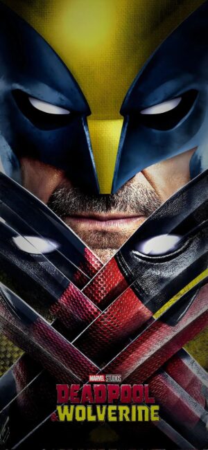 Alt Tag: Dynamic Deadpool and Wolverine from Marvel Studios in iconic costumes | Red, Yellow & Black | 4K Wallpaper for Mobile