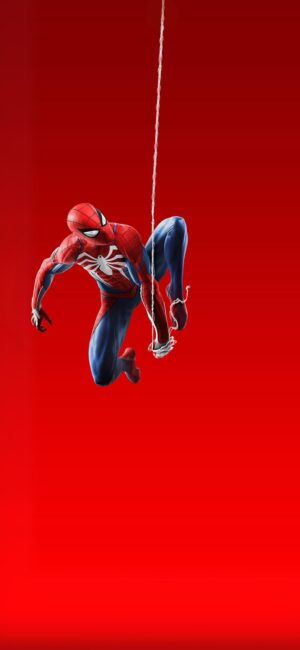 Spiderman swinging on a web with a bold red backdrop, showcasing his iconic red and blue suit. | 4K Wallpaper for Mobile