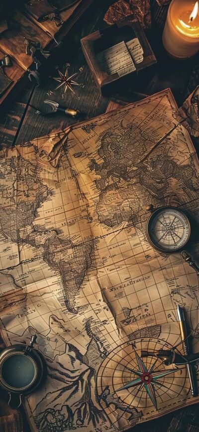 Antique map with compass, telescope, and burning candle on wooden table | Warm adventure vibes | 4K Wallpaper for Mobile