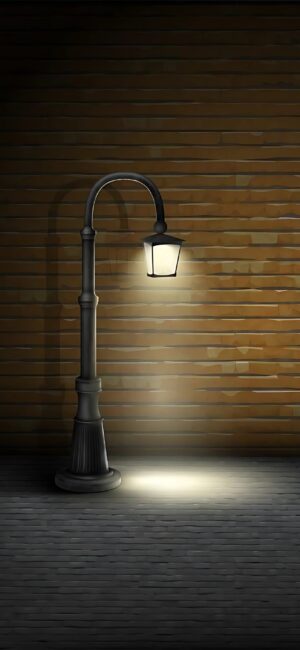 Classic street lamp with warm glow on wooden wall | Calm & vintage charm | Primary Colors: Black, Brown, Gray | 4K Wallpaper for Mobile