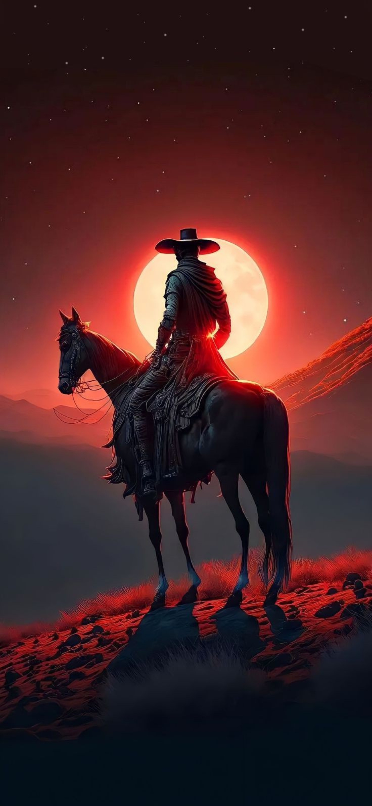 Lone cowboy on horseback silhouetted against full moon, desert landscape under starry sky | 4K Wallpaper for Mobile