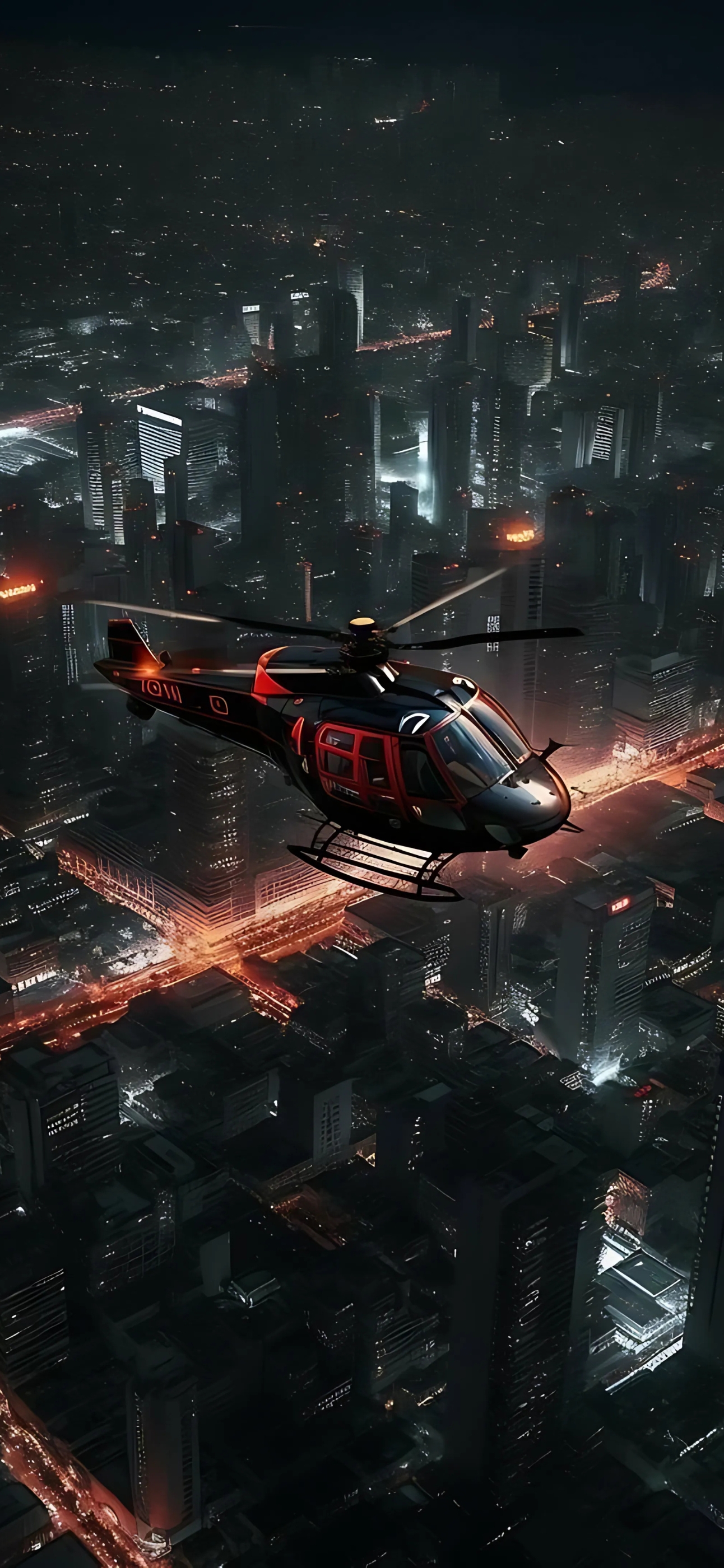 Helicopter flying over a vibrant futuristic cityscape at night with glowing skyscrapers | 4K Wallpaper for Mobile