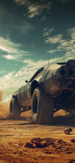 A modified car races through a desert, kicking up dust under a clear, clouded sky, capturing adventure. | 4K Wallpaper for Mobile