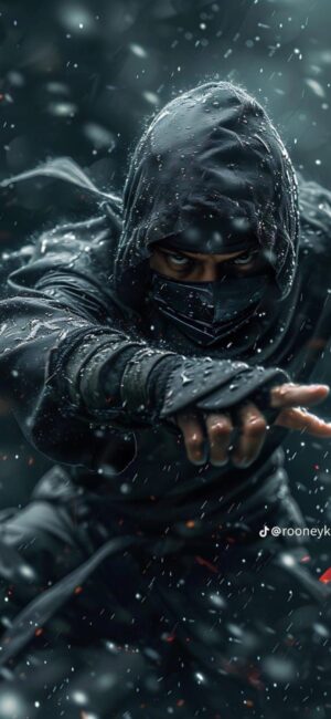 Mysterious ninja in dark clothing with dramatic lighting and rain | Primary colors: Black, Gray, White | 4K Wallpaper for Mobile