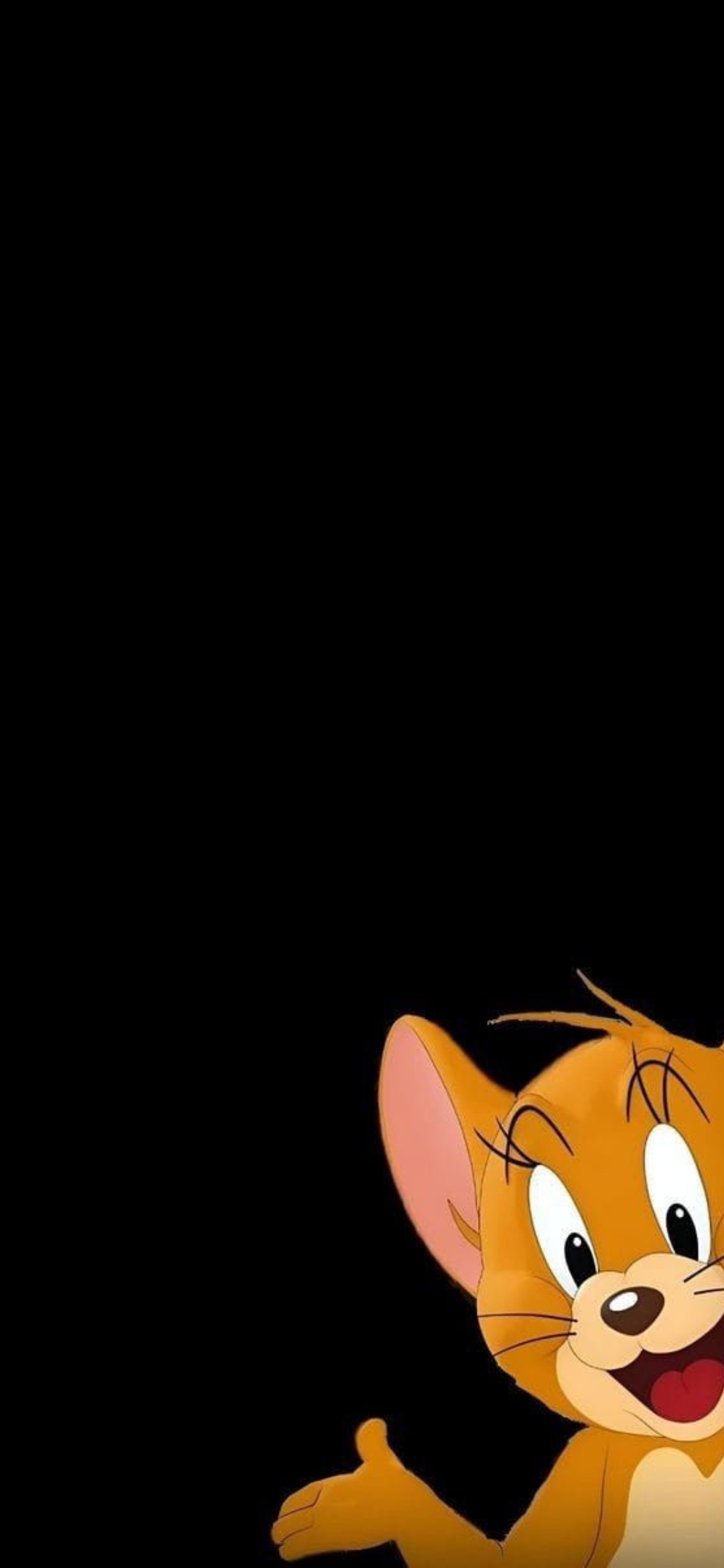 Jerry the mouse peeking playfully on black background | 4K Wallpaper for Mobile | Black, Brown, Orange theme | Character wallpaper