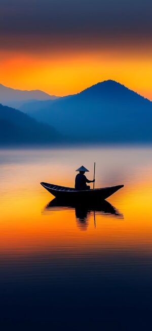 Silhouetted boat on serene lake at sunset with vibrant orange and blue hues, distant mountains | 4K Wallpaper for Mobile