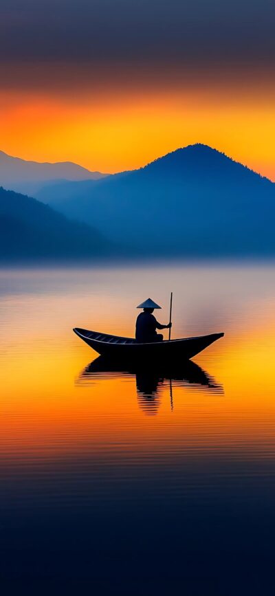 Silhouetted boat on serene lake at sunset with vibrant orange and blue hues, distant mountains | 4K Wallpaper for Mobile