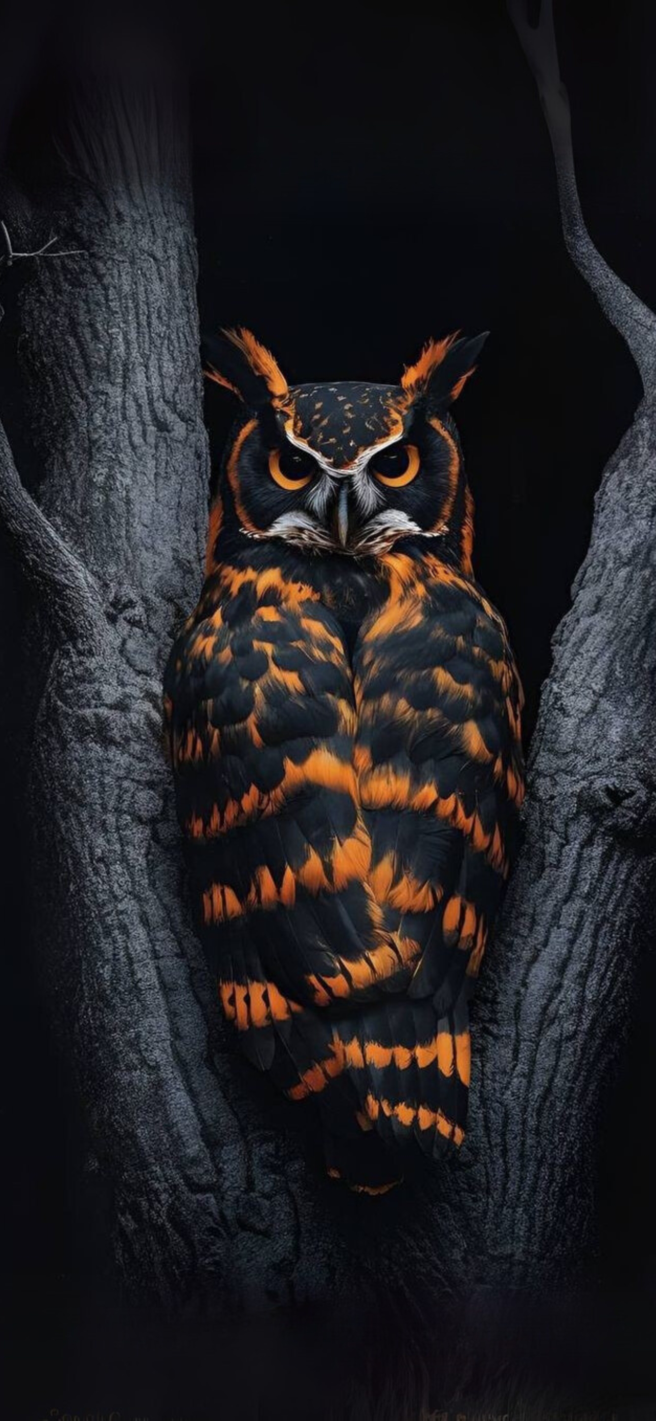 'Owl perched on branch with orange-black feathers, intense orange eyes against dark backdrop | 4K Wallpaper for Mobile'