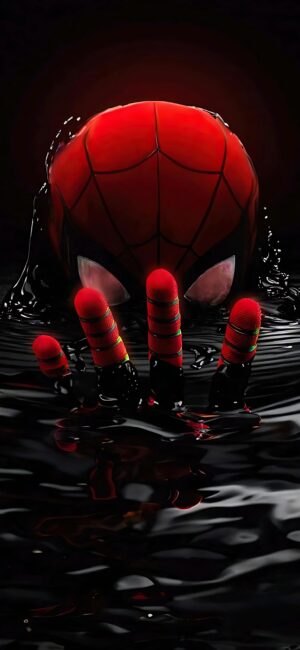 Dramatic Spider-Man emerging from dark water in red/black suit, mask visible. Mysterious black background. | 4K Wallpaper for Mobile