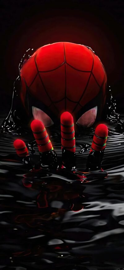 Dramatic Spider-Man emerging from dark water in red/black suit, mask visible. Mysterious black background. | 4K Wallpaper for Mobile