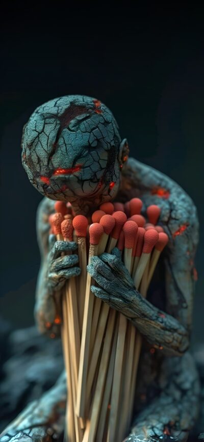 Surreal humanoid with cracked stone-like skin holding oversized matches, exuding fantasy and abstract art | 4K Wallpaper for Mobile