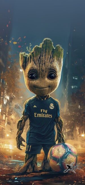 Groot in Real Madrid jersey with soccer ball on street, fantasy-sports blend | Brown, Blue, Orange | 4K Wallpaper for Mobile