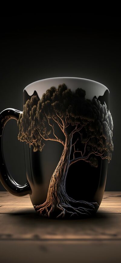 Black mug with intricate tree illustration, nature meets art on dark background. Ideal for aesthetic lovers. | 4K Wallpaper for Mobile