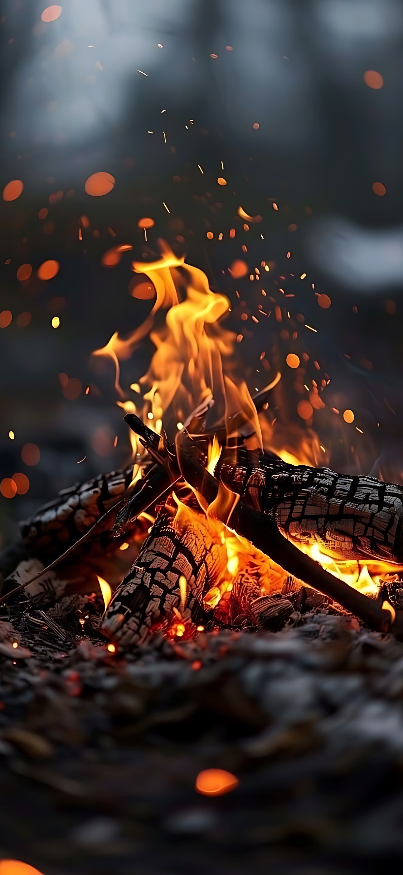 Campfire close-up with flickering flames and glowing embers on a blurred background | 4K Wallpaper for Mobile