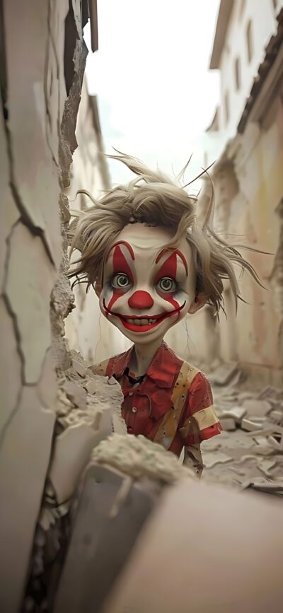 Clown character with a mischievous grin in a crumbling urban setting. Beige, Red, White accents. | 4K Wallpaper for Mobile