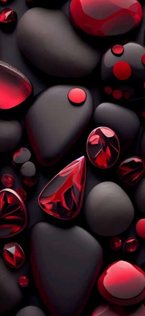 'Smooth black stones and glistening red gems create a striking contrast. Ideal for a vibrant mobile display. | 4K Wallpaper, Mobile'