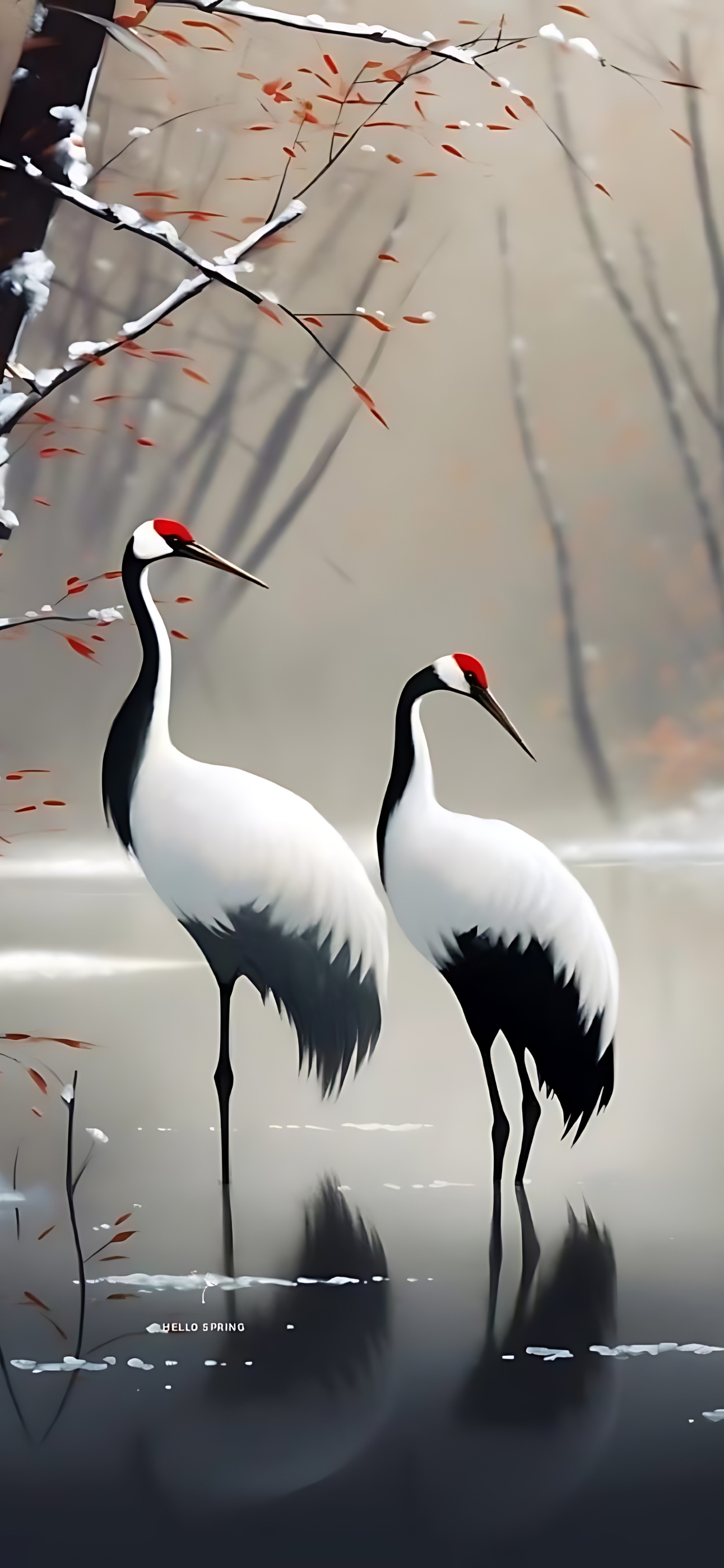 Two cranes in a serene, snowy setting with leafless trees. White and black feathers with red crowns. | 4K Wallpaper for Mobile