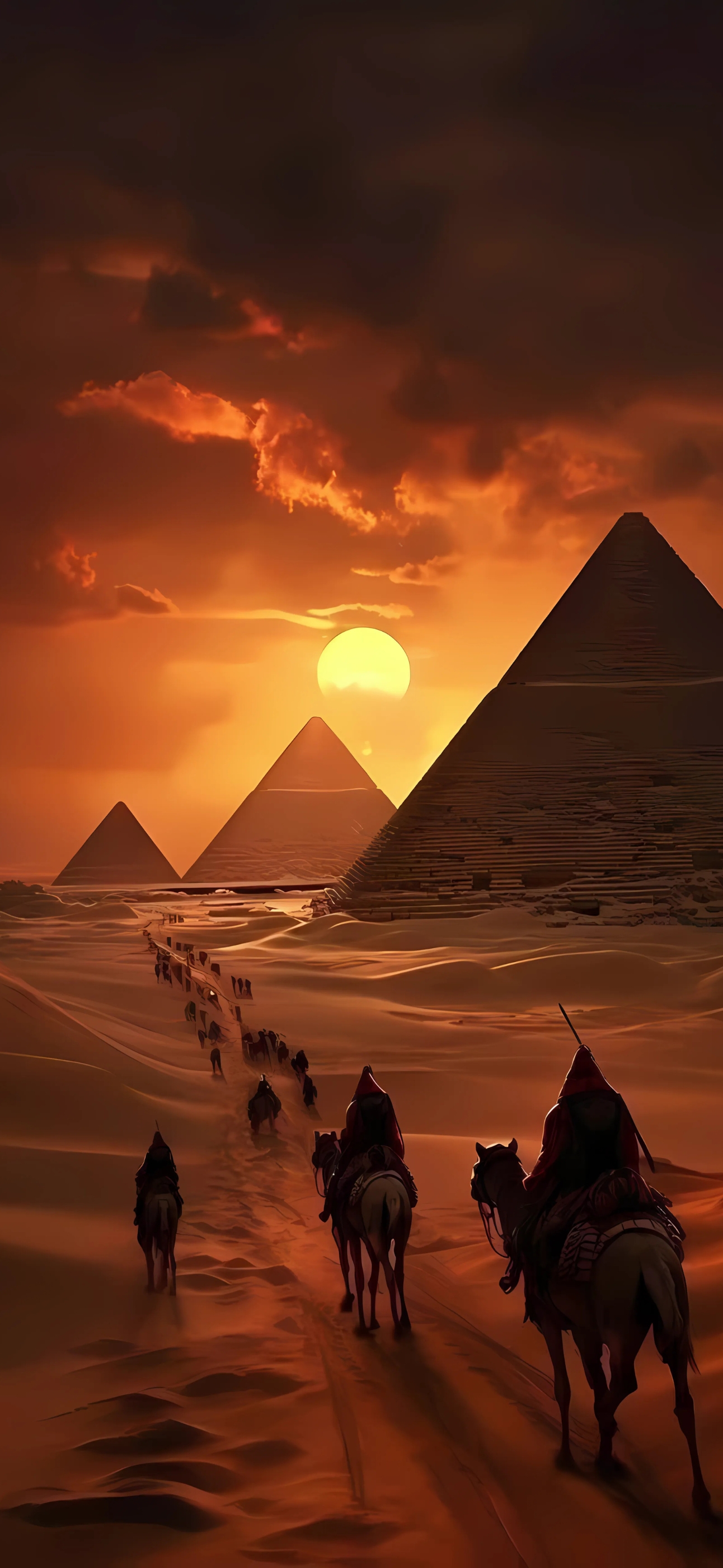 Pyramids of Giza at sunset, camels crossing desert, vibrant orange and yellow sky | 4K Wallpaper for Mobile