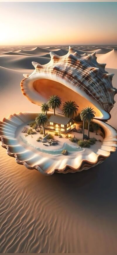 Fantastical desert scene with a seashell revealing a tropical island, palm trees, beach house | 4K Wallpaper for Mobile