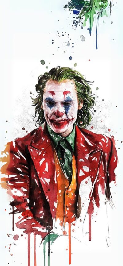 The Joker in a vibrant watercolor style with green hair and colorful suit, chaotic artistic splashes | 4K Wallpaper for Mobile