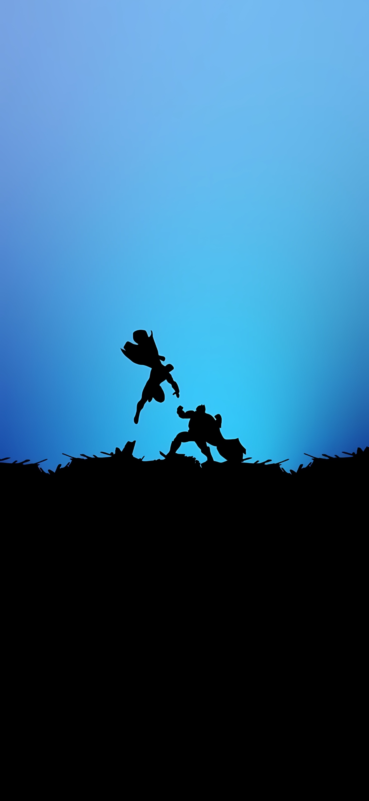 Silhouettes of superheroes in combat on a blue gradient background | Battle and heroism scene | 4K Wallpaper for Mobile