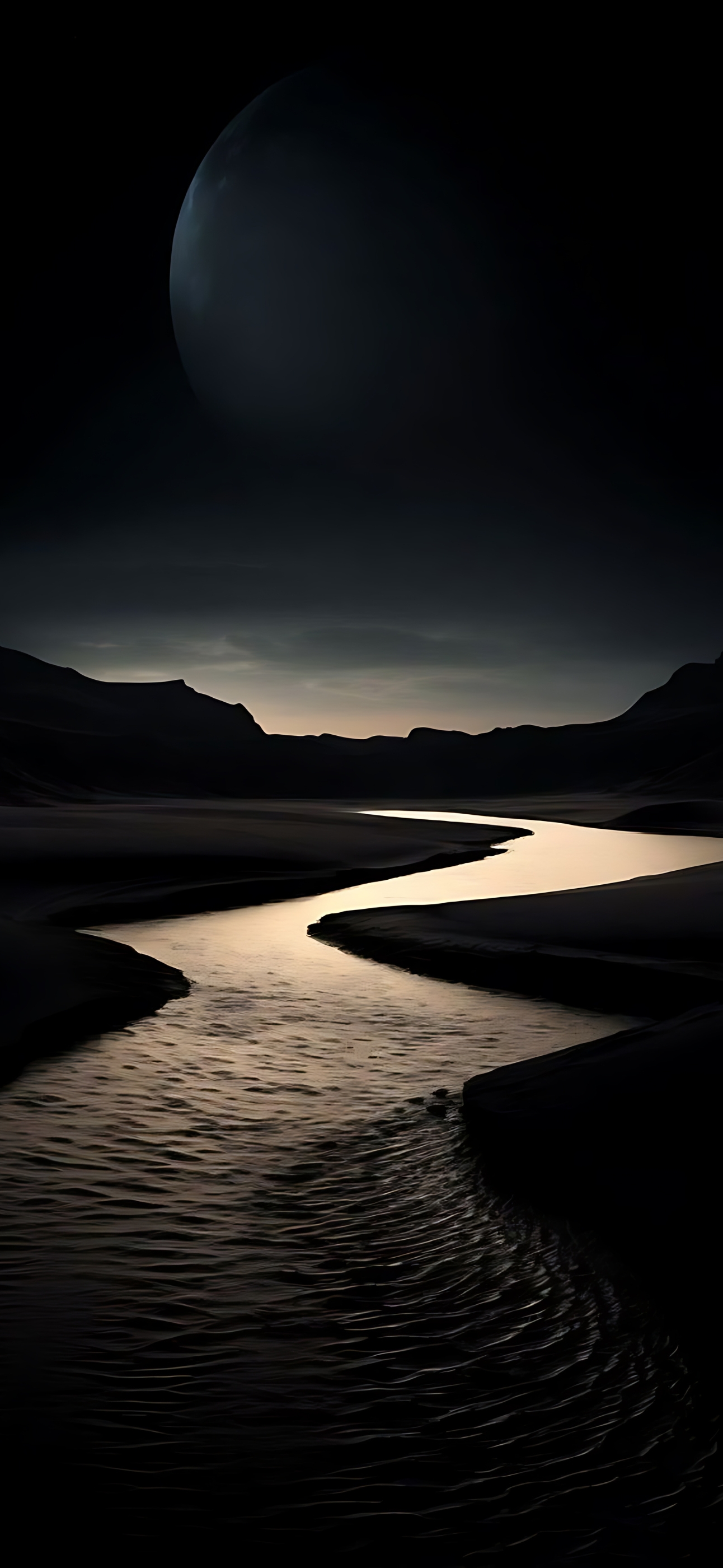 Serene night landscape with river reflections, silhouetted hills, and faint moon in sky creating a mystical vibe | 4K Wallpaper for Mobile