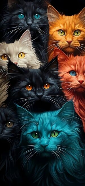 Artistically Rendered Cats: Vibrant Colored Felines with Striking Eyes | Black, White, Orange, Teal | 4K Wallpaper for Mobile