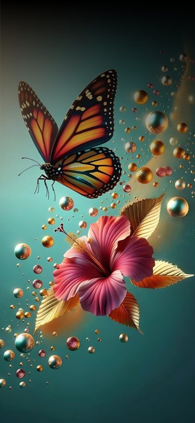 Butterfly with orange and black wings over hibiscus with multicolored bubbles | 4K Wallpaper, for Mobile