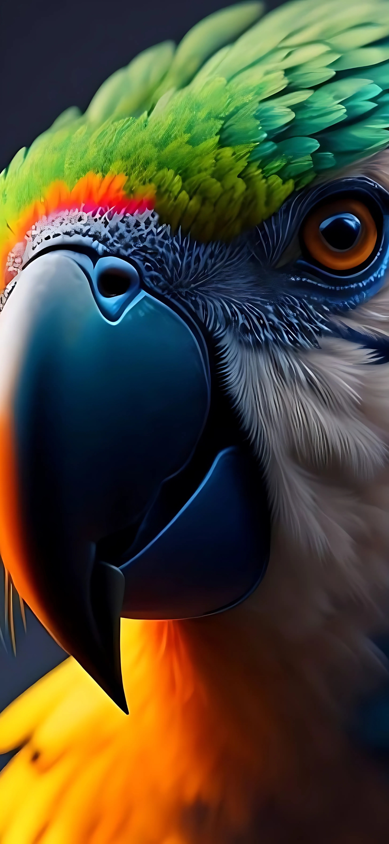 Close-up of a vibrant parrot with green, yellow, orange feathers, blue-black beak. Tropical beauty captured for Mobile | 4K Wallpaper