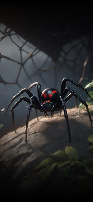 Realistic black widow spider with red markings on a webbed, rocky surface surrounded by leaves. | Black, Red, Green | 4K Wallpaper for Mobile